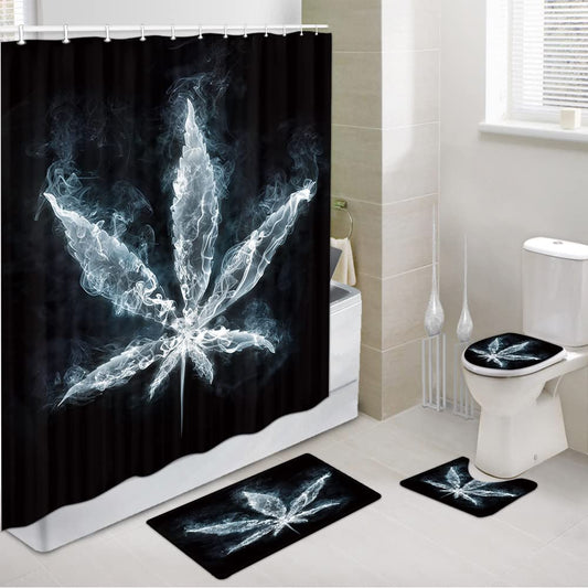 Weed Shower Curtain Set with Hooks, Bathroom Sets with Shower Curtain and Rugs, Tet Lid Cover and Bath Mat, Marijuana in Smoke Bathroom Shower Curtain Sets