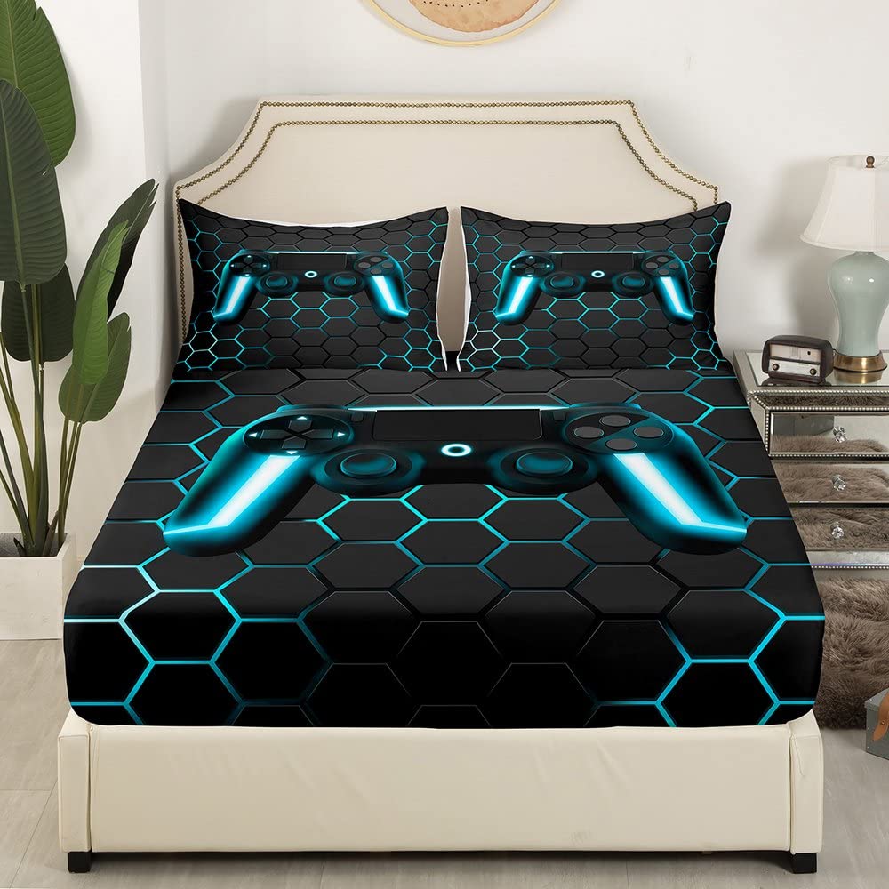 Gaming Sheet Set for Boys Teens Game Bedding Sets Full,Kids Gamer Bed Sheets Game Home Decor,Soft Neon Lights Gamepad Flat Sheet Geometry Beehive Honeycomb Fitted Sheet with 2 Pillow Shams, Blue Grey