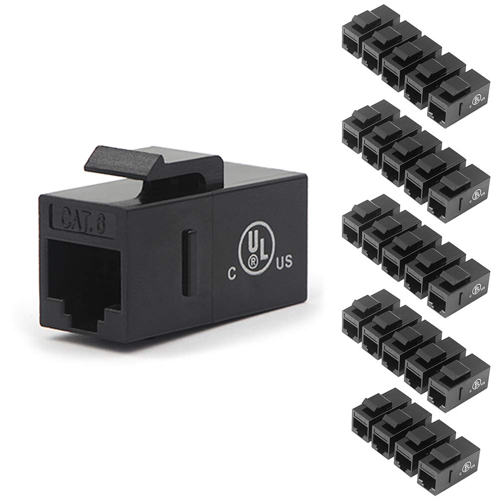 UL Listed CAT6 RJ45 Keystone Jack Inline Coupler-Black 25-Pack