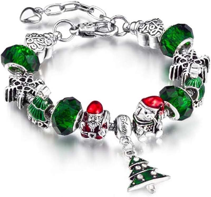 Silver Charm Bracelet with Christmas Tree Bell and Glass Beads