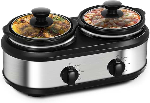 Double Slow Cooker with Two 1.25QT Pots and Adjustable Temperature
