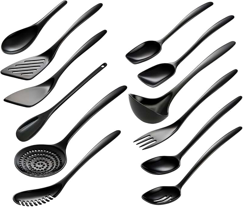 Set of 12 Black Melamine Cooking Utensils