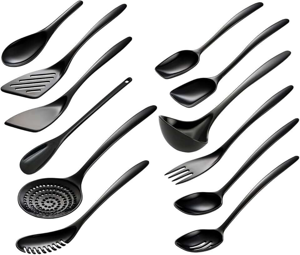 Set of 12 Black Melamine Cooking Utensils