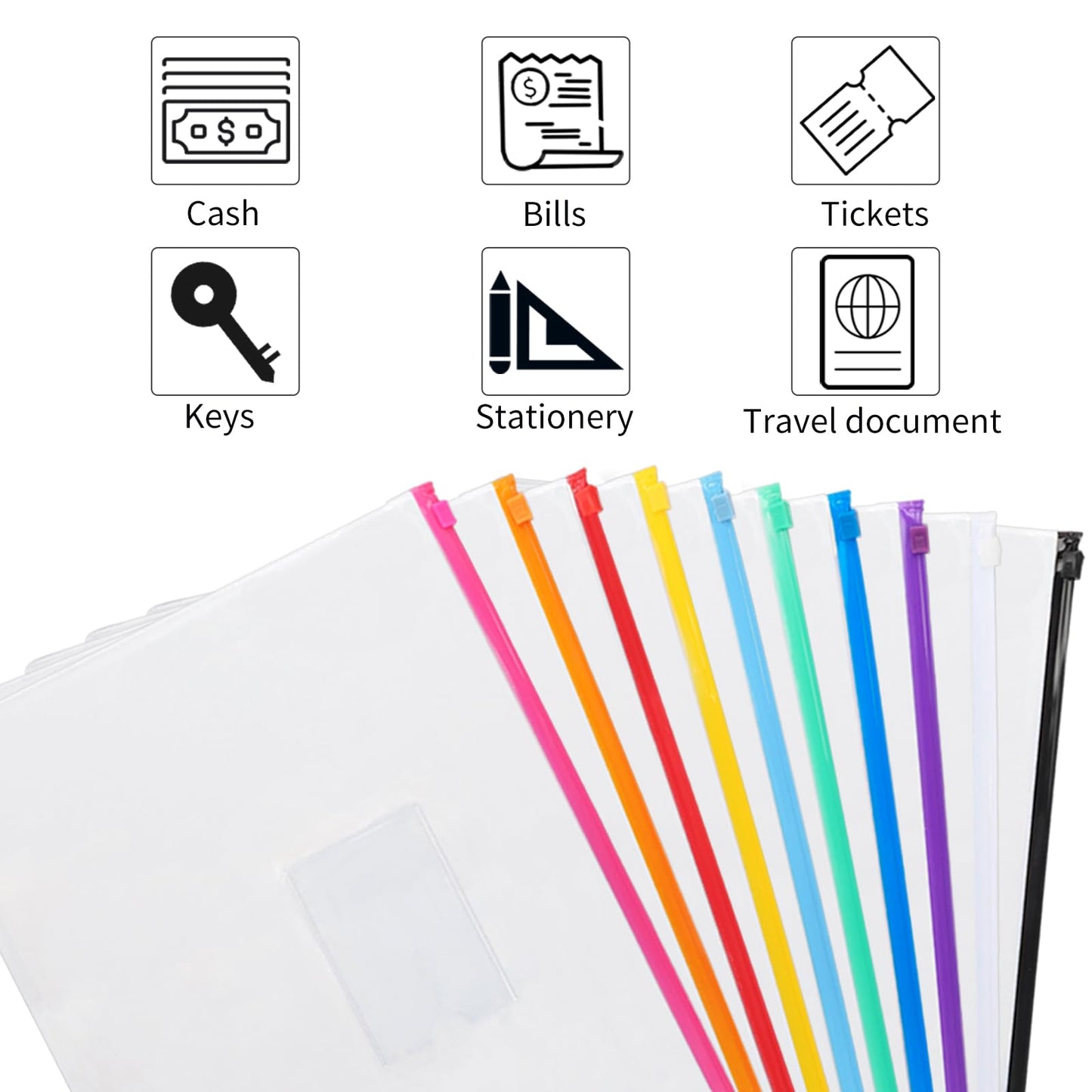 24 Pack of Colorful Plastic Zip Envelopes for Storage