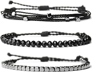 Set of three adjustable handmade women's rope bracelets with hematite and glass beads