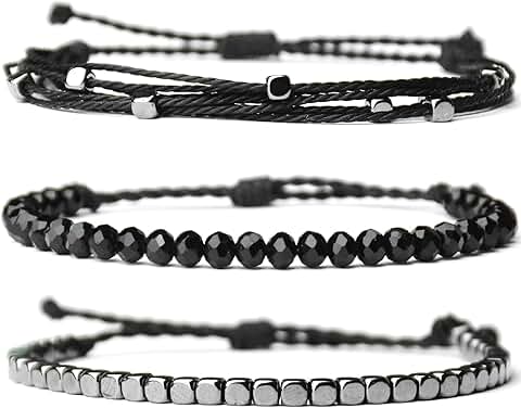 Set of three adjustable handmade women's rope bracelets with hematite and glass beads