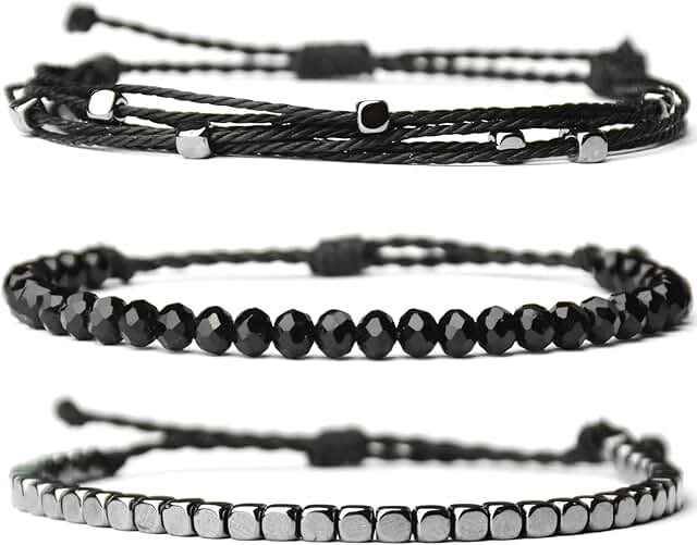 Set of three adjustable handmade women's rope bracelets with hematite and glass beads