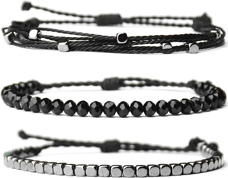 Set of three adjustable handmade women's rope bracelets with hematite and glass beads