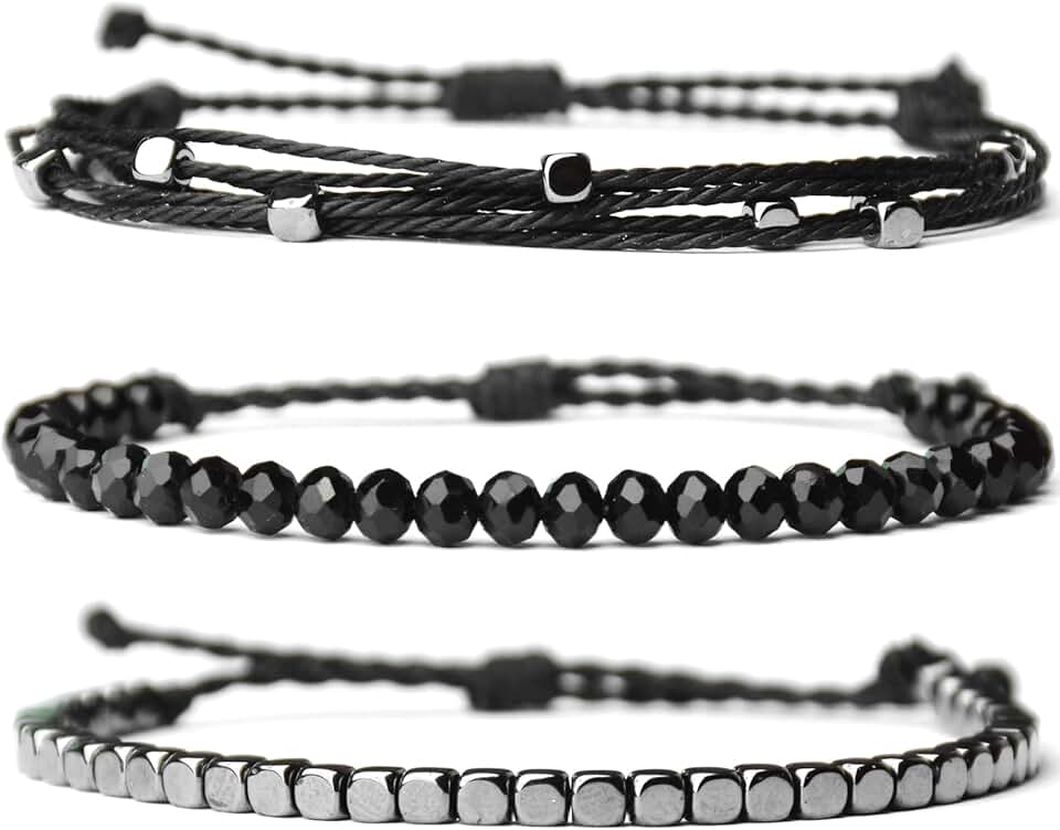 Set of three adjustable handmade women's rope bracelets with hematite and glass beads