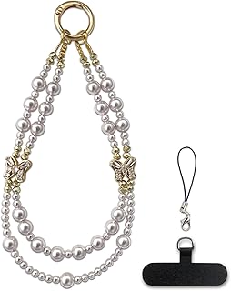 Beaded Pearl Phone Charm with Butterfly Bow