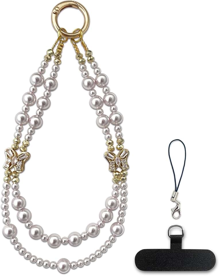 Beaded Pearl Phone Charm with Butterfly Bow
