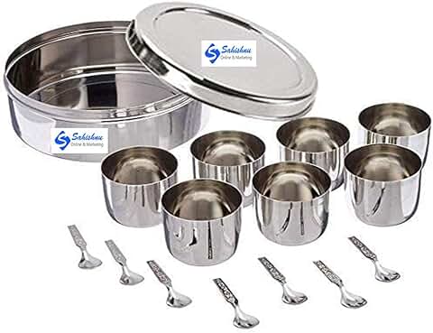 Silver Indian Stainless Steel Spice Box with 7 Cups