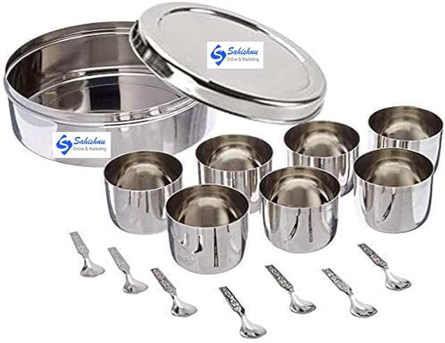 Silver Indian Stainless Steel Spice Box with 7 Cups