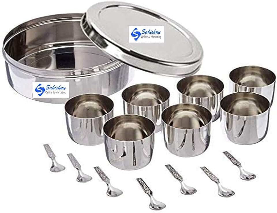 Silver Indian Stainless Steel Spice Box with 7 Cups