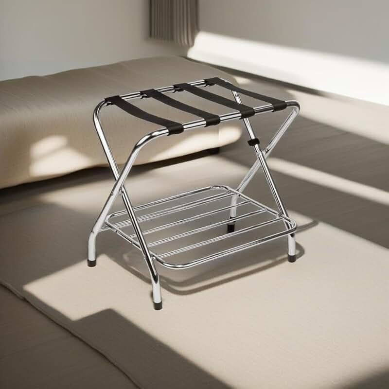 Double-tier chrome luggage rack for guest rooms