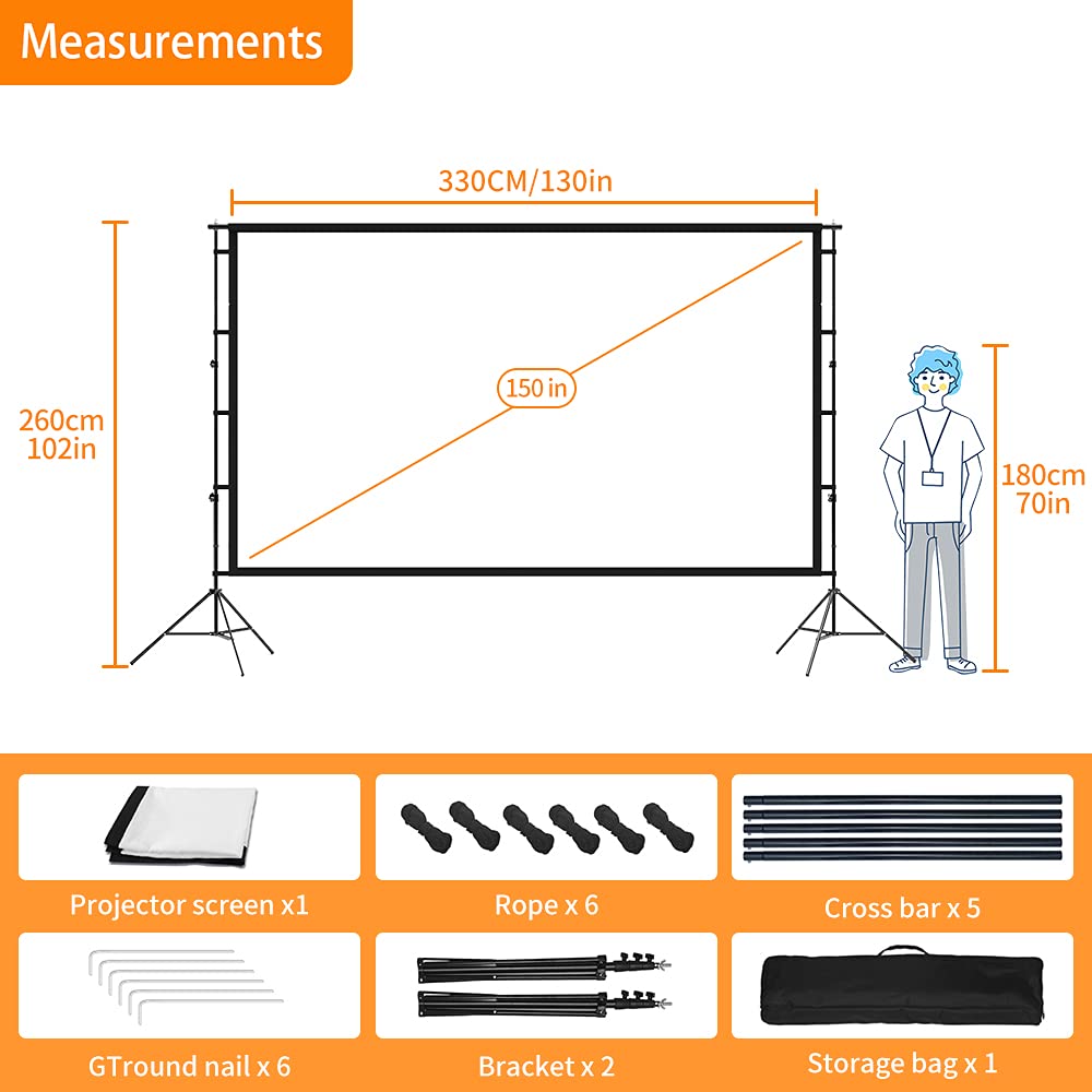 Projector Screen with Stand,150inch Indoor Outdoor Movie Projection Screen 4K HD 16: 9 Wrinkle-Free Design for Backyard Movie Night(Easy to Clean, 1.1Gain, 160 Viewing Angle & A Carry Bag)