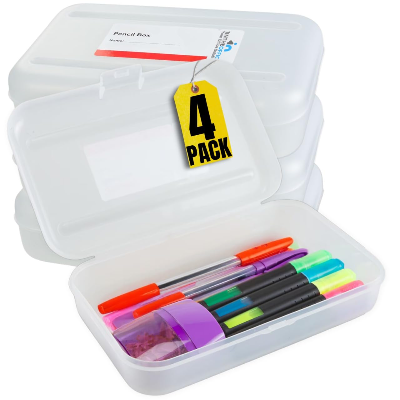 Set of four large translucent plastic pencil boxes