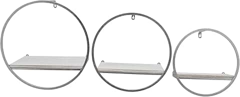 Set of 3 round metal and wood wall shelves