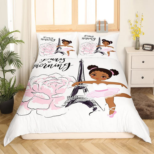 Girls Eiffel Tower Bedding Set,Chic Paris Duvet Cover Set,Cute Black Ballet Girl Comforter Cover for Women Kids Girls Teens,Pink Rose Flower Bedroom Decor Modern French Style Bed Sets Twin