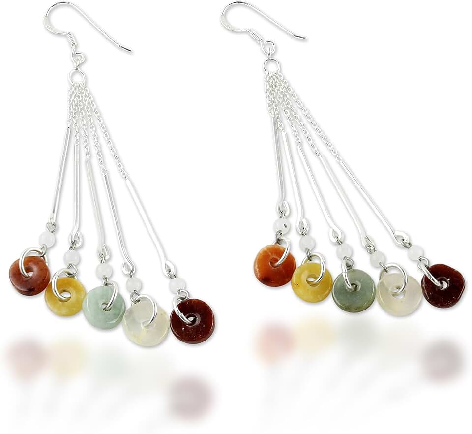 Handmade Jade Quartz Waterfall Earrings with Silver Beads