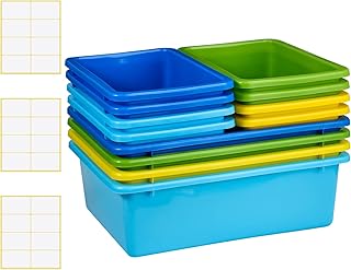 12 Pack Plastic Storage Bins with Labels for Office and Home