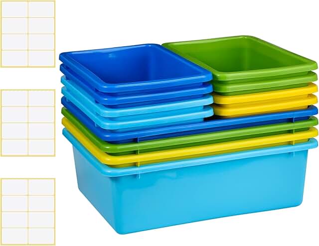 12 Pack Plastic Storage Bins with Labels for Office and Home