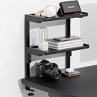Clamp-on two-tier desk shelf for storage