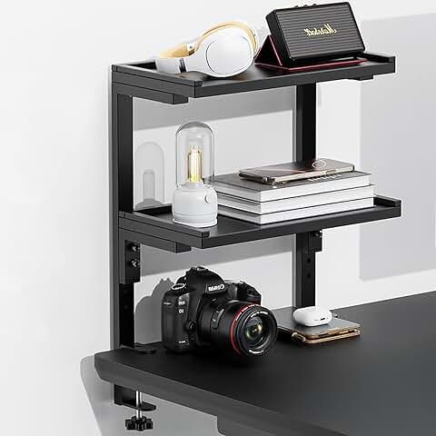 Clamp-on two-tier desk shelf for storage