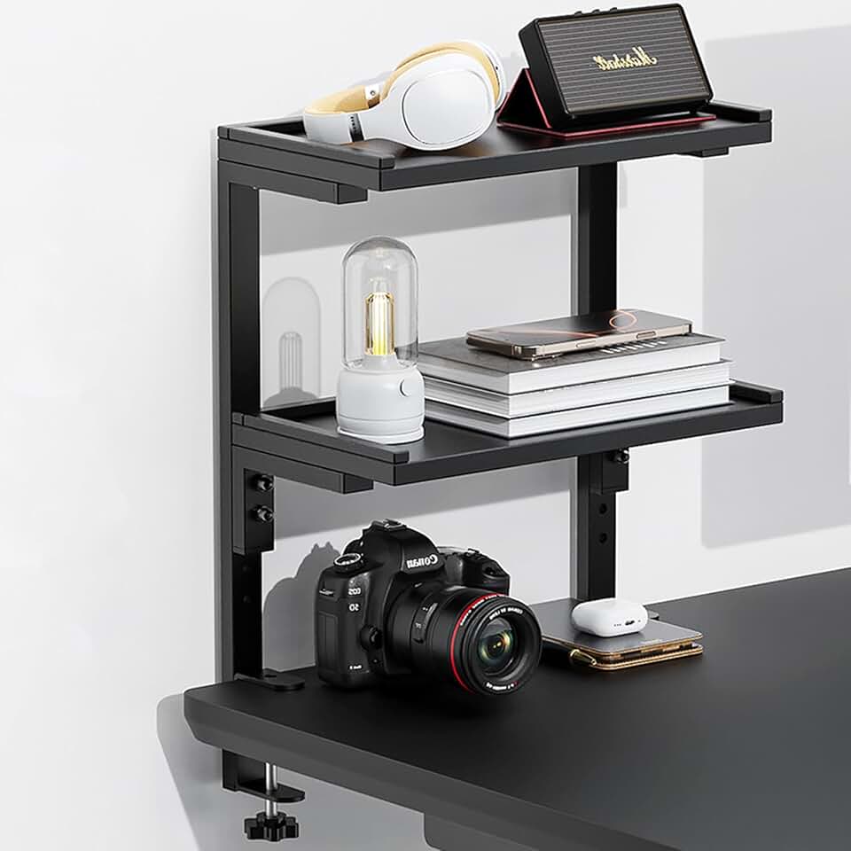 Clamp-on two-tier desk shelf for storage