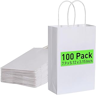 White Kraft Paper Gift Bags, 7.9x5.12x3.15 Inches, 100 Pack