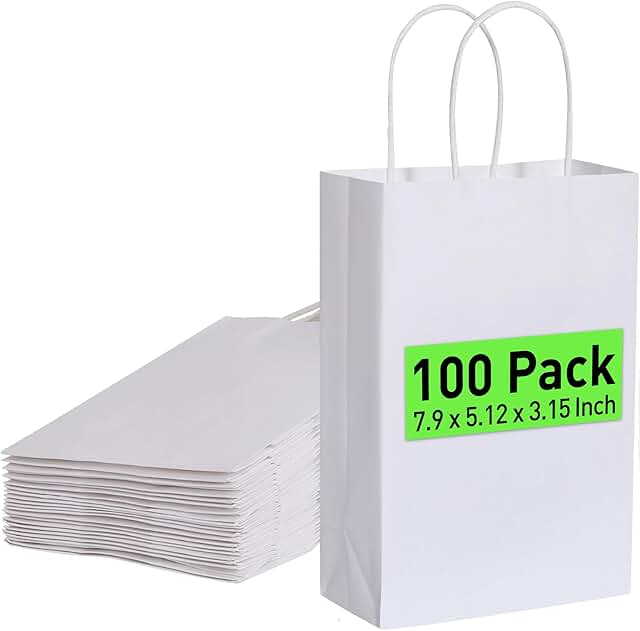 White Kraft Paper Gift Bags, 7.9x5.12x3.15 Inches, 100 Pack