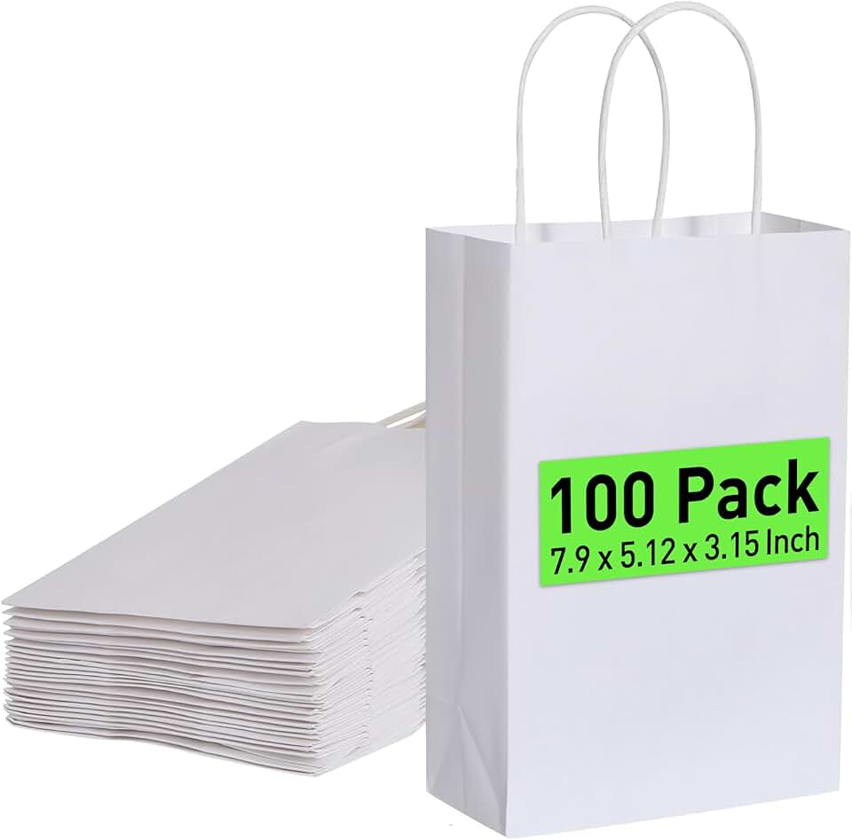 White Kraft Paper Gift Bags, 7.9x5.12x3.15 Inches, 100 Pack