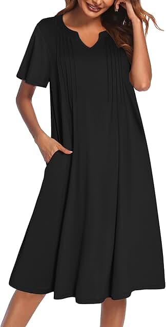 Short Sleeve Nightgown with Pockets and V Neck