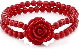 Red 7-Inch Coral Bead Rose Flower Stretch Bracelet for Women