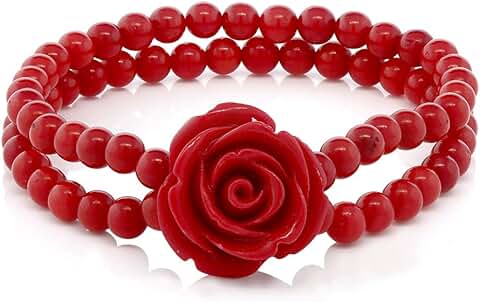 Red 7-Inch Coral Bead Rose Flower Stretch Bracelet for Women