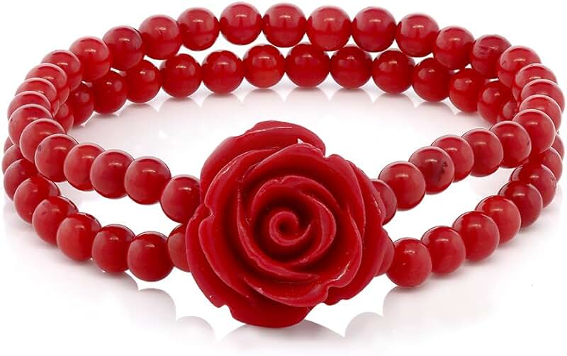 Red 7-Inch Coral Bead Rose Flower Stretch Bracelet for Women