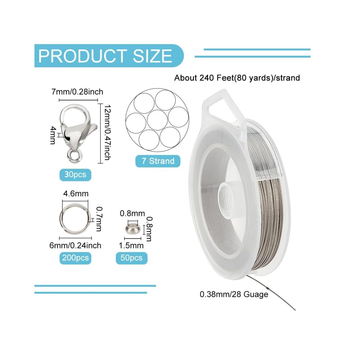 240 Feet Stainless Steel Beading Wire with Jump Rings and Clasps