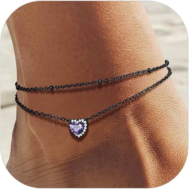 Double Layer Heart and Butterfly Birthstone Anklet for Women
