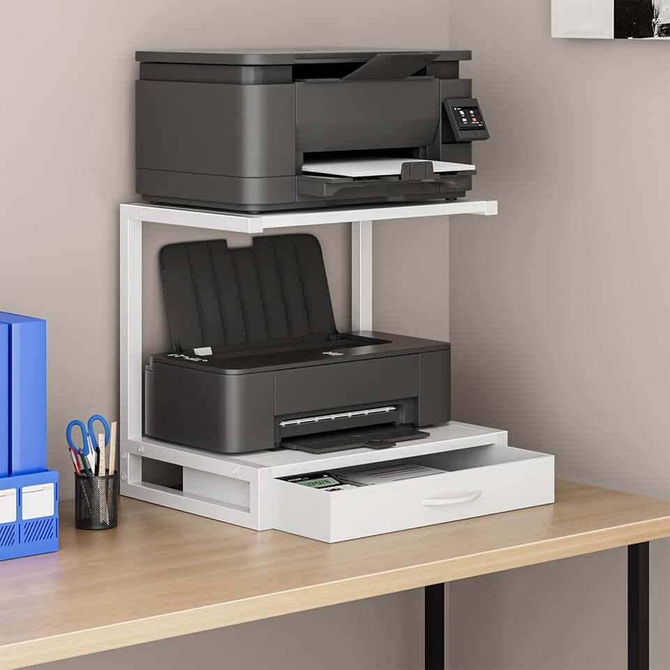 2-Tier Desktop Printer Stand with Fabric Drawer