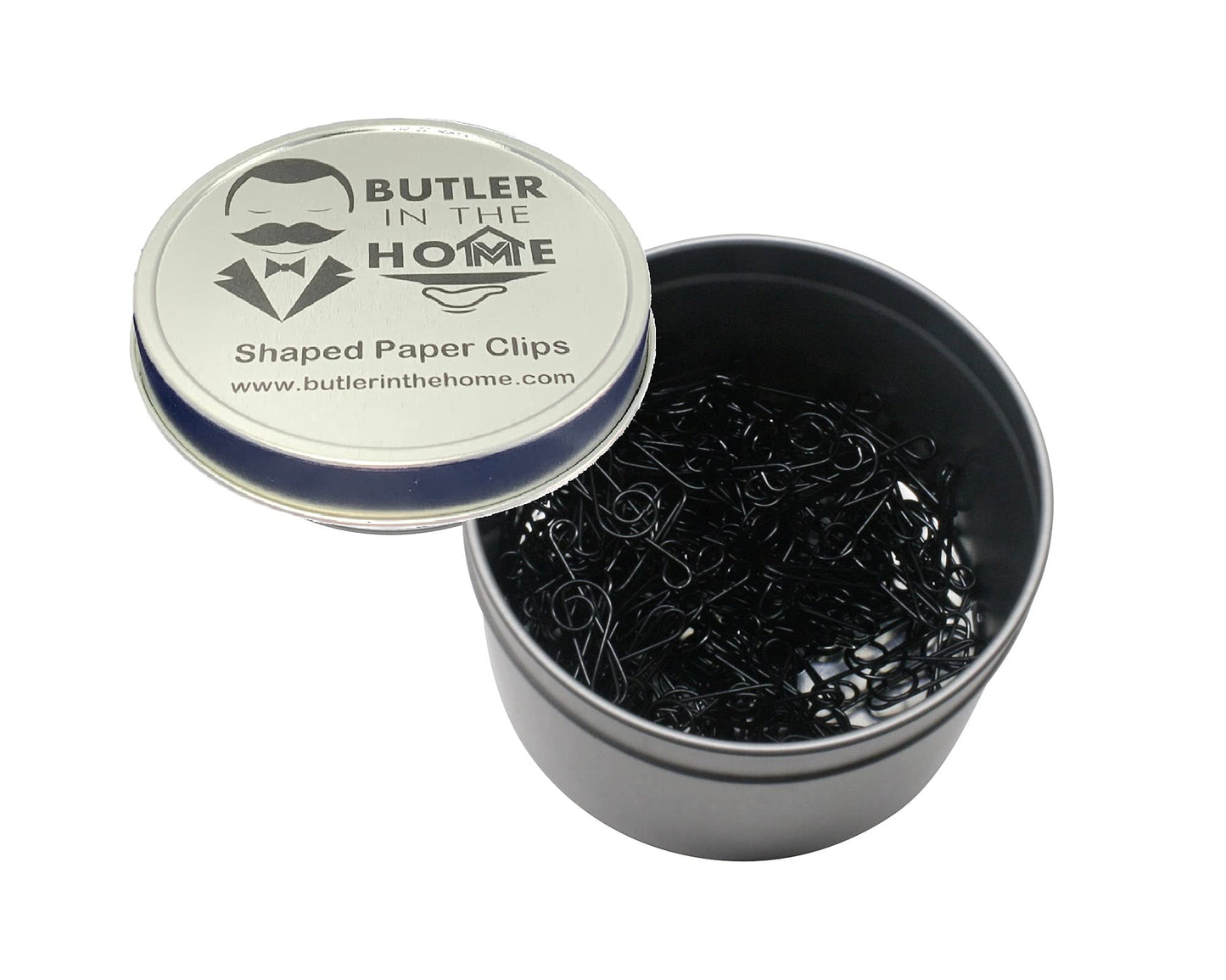 Music note shaped paper clips in round tin box
