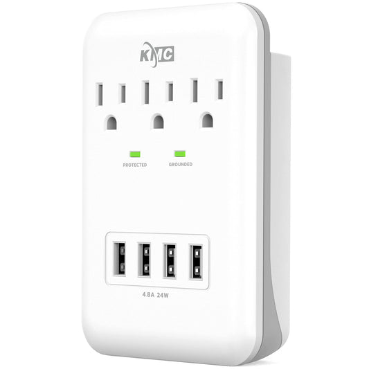 3-Outlet Wall Mount Surge Protector with USB Ports and Phone Holder