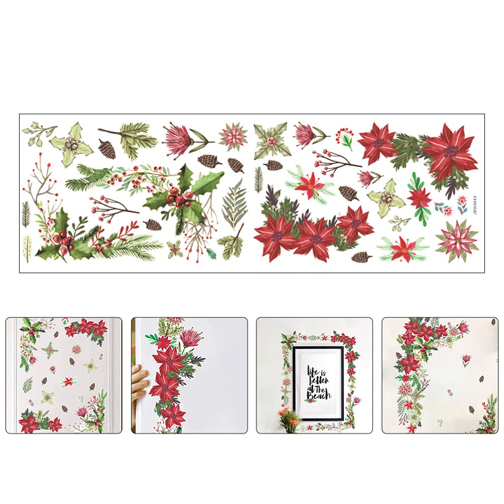 1 Sheet Poinsettia Flower Wall Stickers, Holly Berries Wall Decal, Self- Adhesive Mistletoes Window Sticker for Home Winter Door Window Wall Decoration