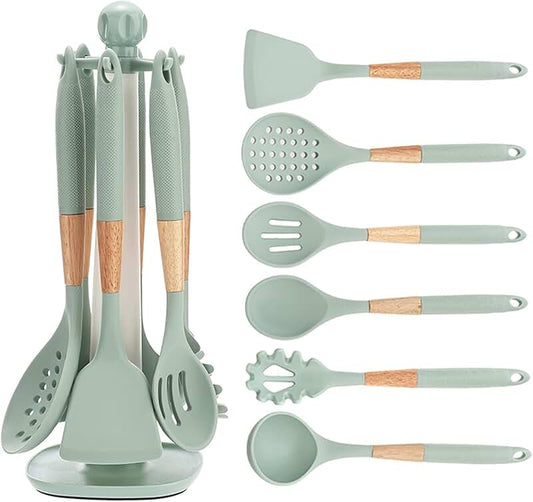 6-Piece Silicone Cookware and Cutlery Set with Wooden Handles