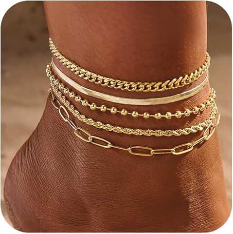 Set of 6 gold ankle bracelets for women
