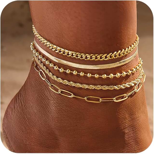 Set of 6 gold ankle bracelets for women