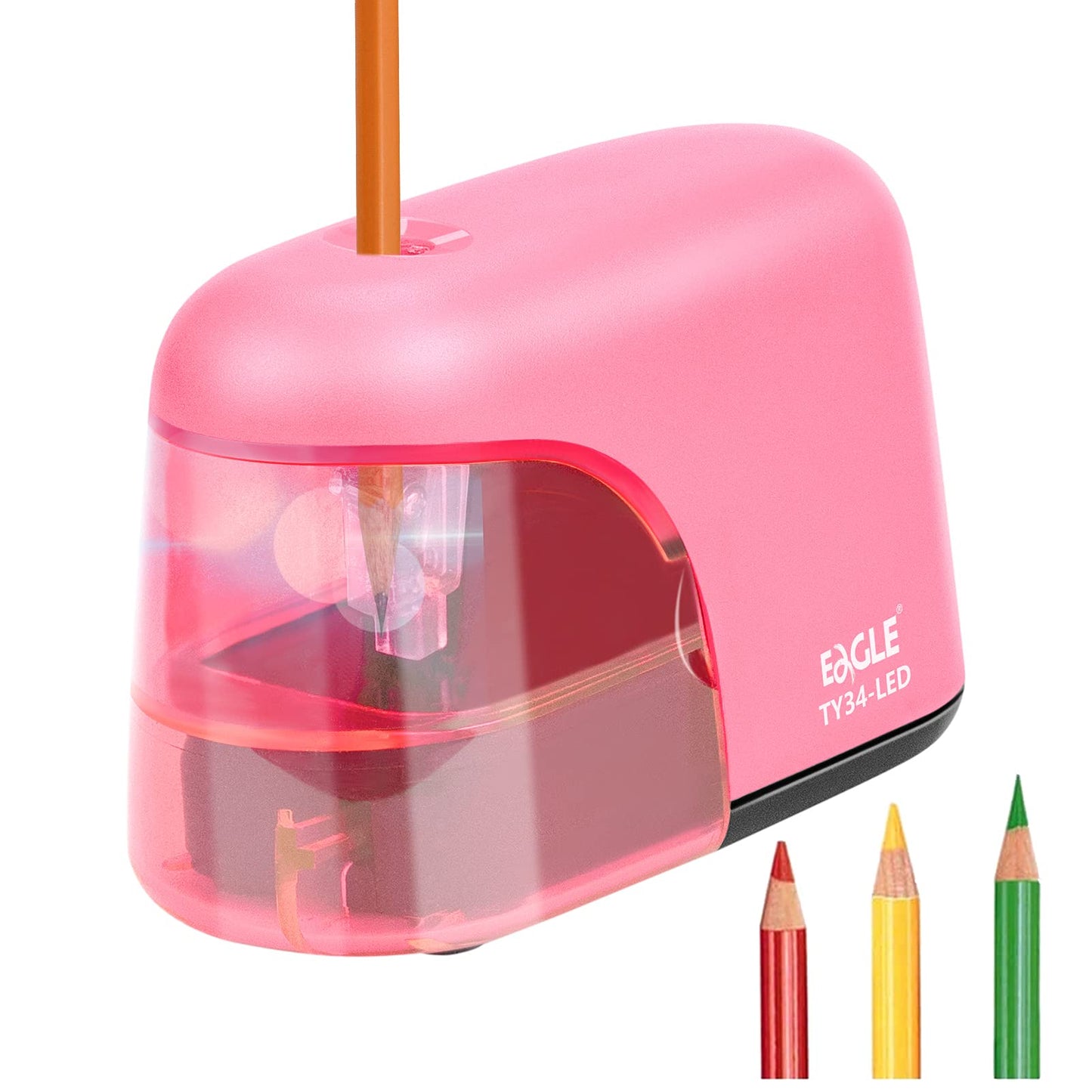 Pink battery-powered pencil sharpener with LED light