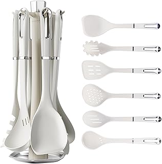 7-Piece White Silicone Kitchen Utensil Set with Rotating Holder