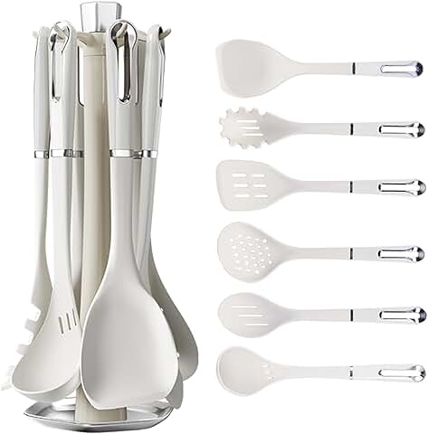 7-Piece White Silicone Kitchen Utensil Set with Rotating Holder