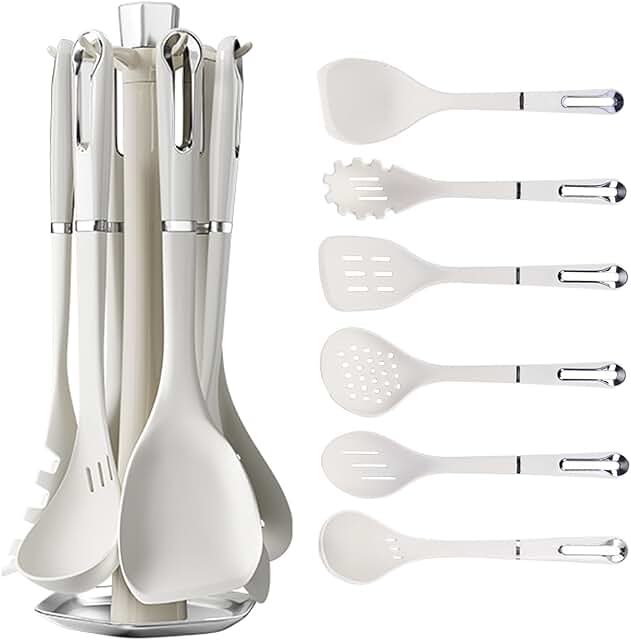 7-Piece White Silicone Kitchen Utensil Set with Rotating Holder