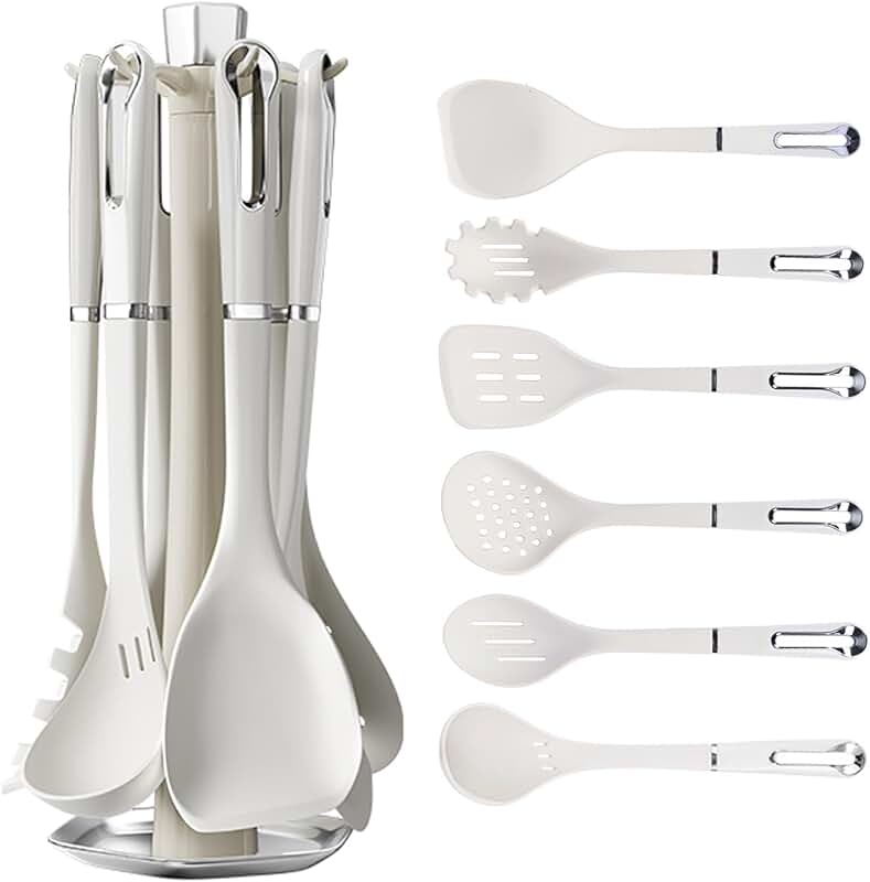 7-Piece White Silicone Kitchen Utensil Set with Rotating Holder